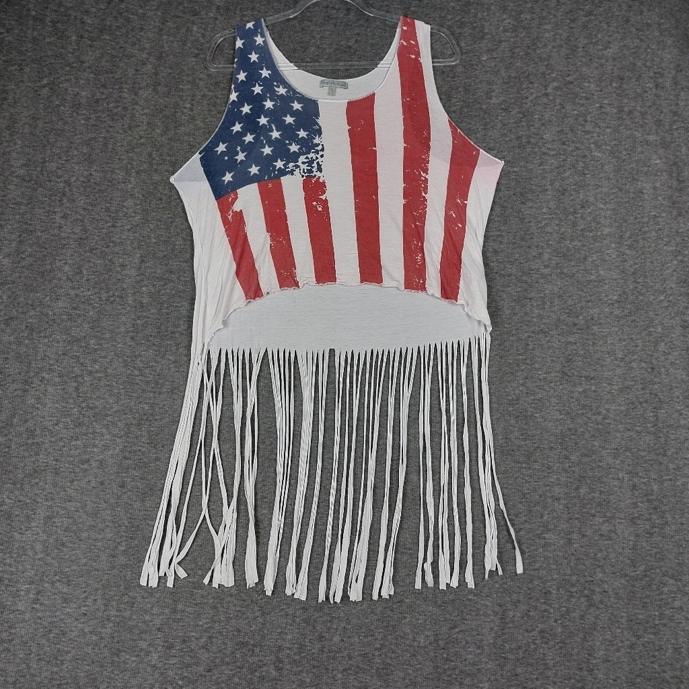 CHARLOTTE RUSSE WOMENS WHITE AMERICAN FLAG CROP FRINGE TANK TOP SIZE LARGE